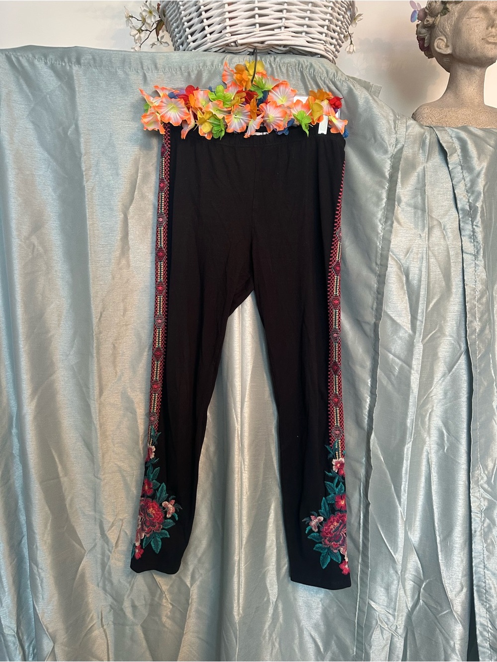 Johnny Was Black Leggings with Teal & Pink Embroidery down the sides.  L